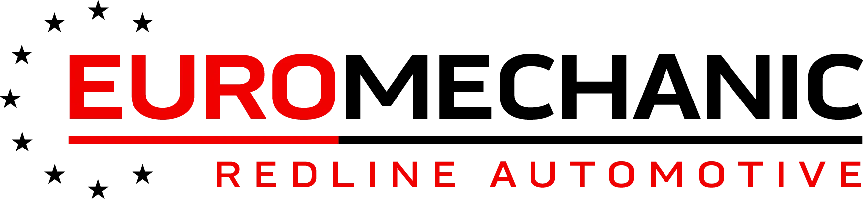 Logo with text EUROMECHANIC in large letters, EURO in red and MECHANIC in black. Below, REDLINE AUTOMOTIVE is in smaller red letters. Seven black stars form a semi-circle on the left. A red and black line separates the two text layers. EuroMechanic | Redline Automotive | Top Reviewed Auto Repair Shop in Scarborough | Visit redlineautomotive.ca
