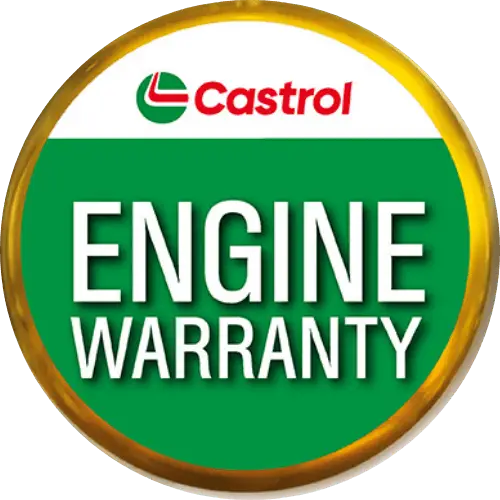 A circular emblem with a yellow border features the word Castrol with its logo at the top, above the words ENGINE WARRANTY in bold white text on a green background. EuroMechanic | Redline Automotive | Top Reviewed Auto Repair Shop in Scarborough | Visit redlineautomotive.ca