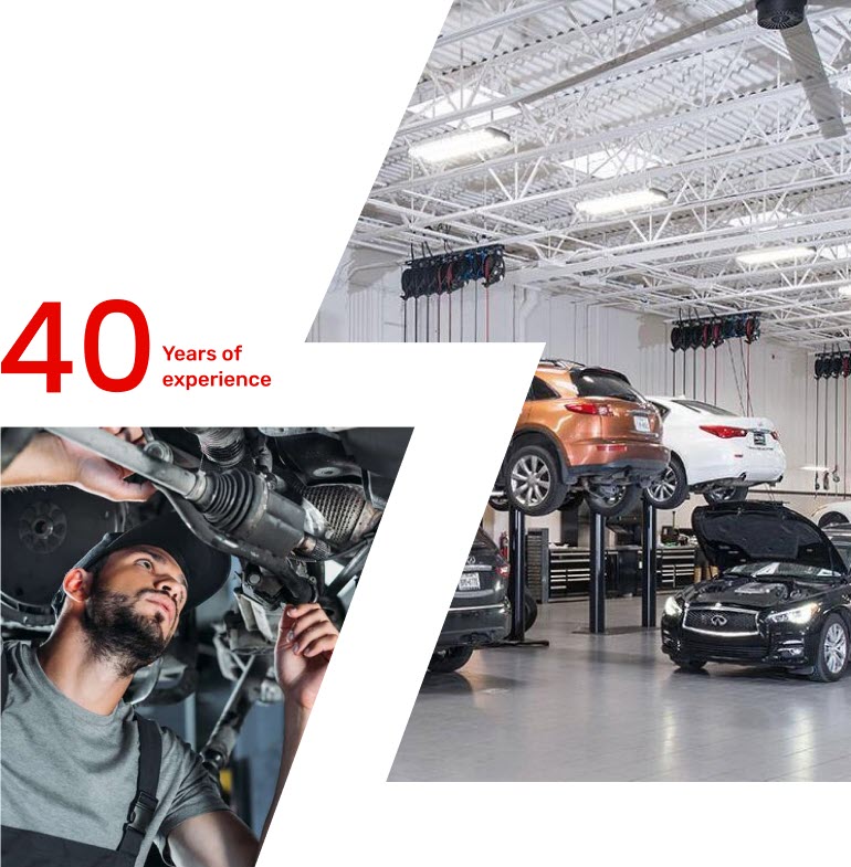 A mechanic in a garage inspects a cars undercarriage. Adjacent, a modern auto service area displays several cars elevated on lifts. Text reads 40 Years of Experience in bold red letters. EuroMechanic | Redline Automotive | Top Reviewed Auto Repair Shop in Scarborough | Visit redlineautomotive.ca