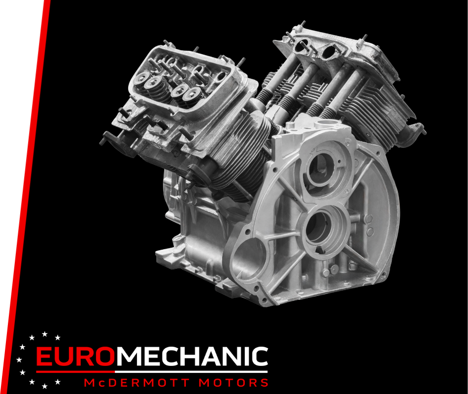 Black and white image of a complex engine with exposed gears and pistons, displayed on a black background. The engine is shown from a side angle. The text Engine Repair Services Scarborough - EUROMECHANIC McDERMOTT MOTORS is visible in the corner. EuroMechanic | Redline Automotive | Top Reviewed Auto Repair Shop in Scarborough | Visit redlineautomotive.ca