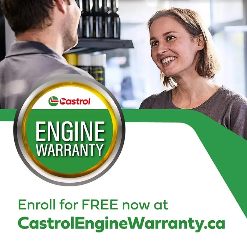 A woman smiles warmly at a customer in a store, highlighting the Castrol Engine Warranty with a call to Enroll for FREE now at CastrolEngineWarranty.ca. The Castrol logo takes center stage beside ENGINE WARRANTY, appealing to all automotive enthusiasts and EuroMechanic experts. EuroMechanic | Redline Automotive | Top Reviewed Auto Repair Shop in Scarborough | Visit redlineautomotive.ca