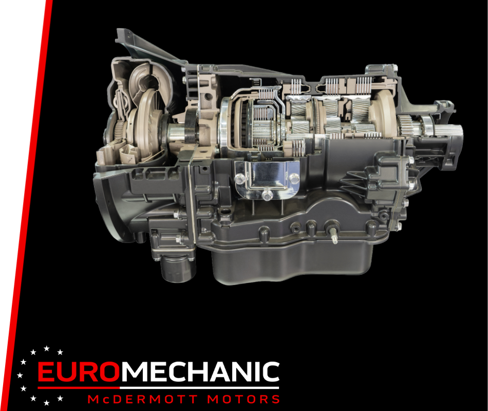 A cross-section of an automotive transmission system set against a black backdrop reveals its intricate mechanical details. In the bottom left corner, Euromechanic McDermott Motors appears alongside their red and white logo, exemplifying quality in transmission repair Scarborough trusts. EuroMechanic | Redline Automotive | Top Reviewed Auto Repair Shop in Scarborough | Visit redlineautomotive.ca