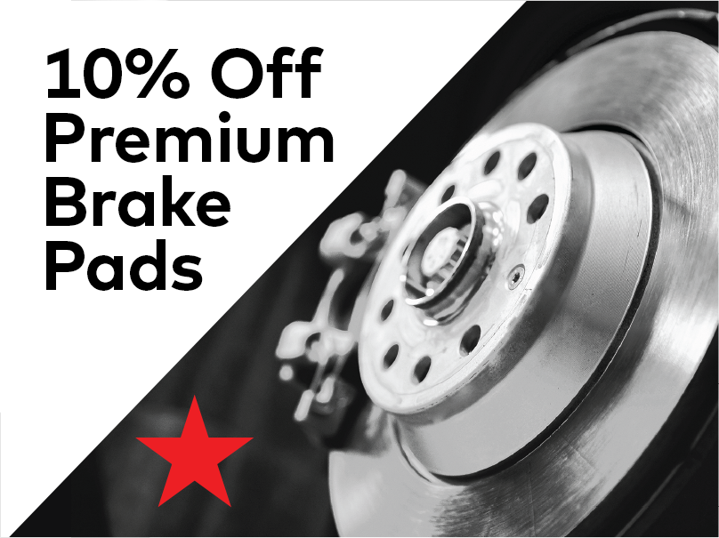 Advertisement for a 10% discount on premium brake pads. The image shows a close-up of a shiny brake disc with a red star and bold text on a white background. EuroMechanic | Redline Automotive | Top Reviewed Auto Repair Shop in Scarborough | Visit redlineautomotive.ca