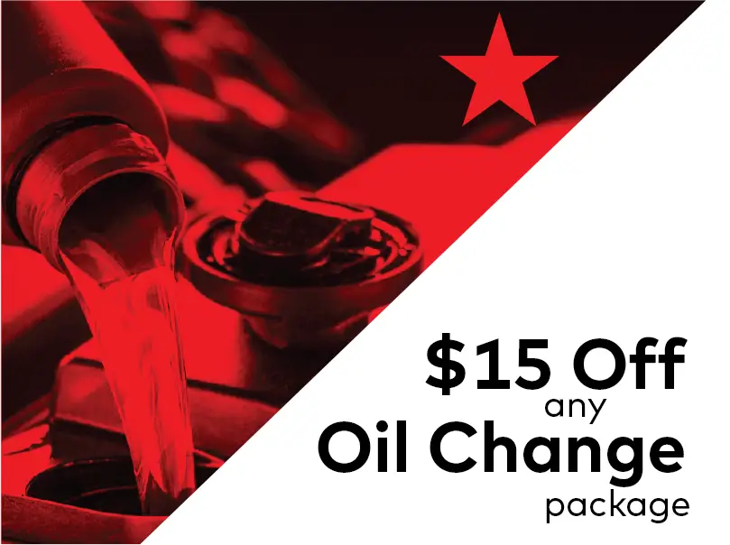 Red and white advertisement featuring oil being poured into a car engine. A red star is in the top right corner. The text reads $15 Off any Oil Change package. EuroMechanic | Redline Automotive | Top Reviewed Auto Repair Shop in Scarborough | Visit redlineautomotive.ca