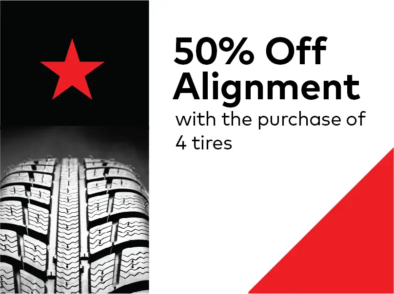 A promotional image showing a close-up of a tire tread on the left. On the right, text reads 50% Off Alignment with the purchase of 4 tires in black. A red star and a red triangular shape decorate the image. EuroMechanic | Redline Automotive | Top Reviewed Auto Repair Shop in Scarborough | Visit redlineautomotive.ca
