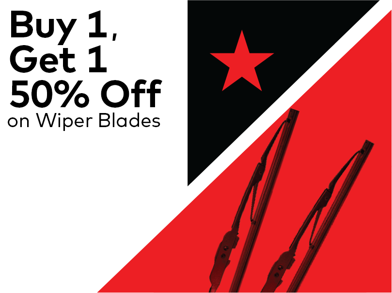Promotional image featuring red, black, and white design elements. Text reads Buy 1, Get 1 50% Off on Wiper Blades with an illustration of black wiper blades and a red star on a black triangle. EuroMechanic | Redline Automotive | Top Reviewed Auto Repair Shop in Scarborough | Visit redlineautomotive.ca