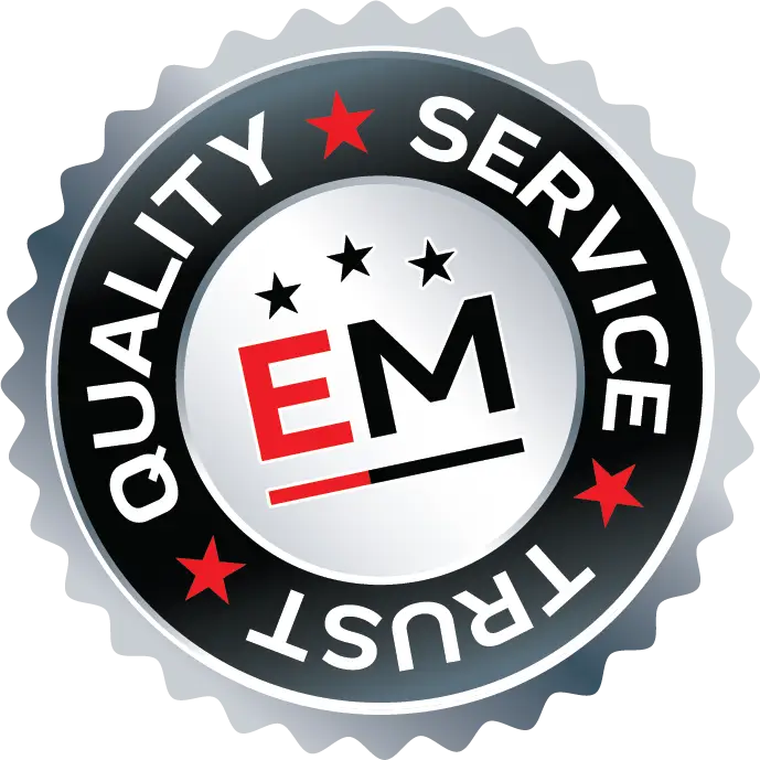 A circular badge with a metallic look featuring the letters “EM” in the center, surrounded by the words QUALITY, SERVICE, and TRUST on a black border with red stars—perfect for a trusted Mechanic Auto Repair in Scarborough. EuroMechanic - Redline Automotive | Top Reviewed Auto Repair Shop in Scarborough | Visit EuroMechanic - Redline Automotive