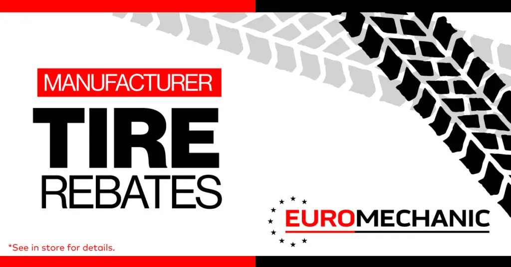 EuroMechanic manufacturer tire rebates promotion featuring tire tread graphics. Visit your local shop for rebate details.